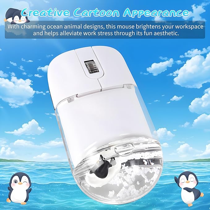 Wireless Mouse -Cute Clear Aqua Design, Water Mouse with Optical Precision, Silent Clicks, Lightweight & Floating Animal Transparent Retro Style for Home Office, Great for Kids & Adult(Penguin-White)