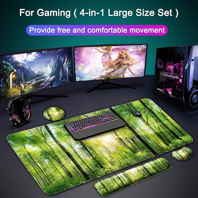 Keyboard Wrist Rest + Mouse Pad with Wrist Support + Desk Mat + Coaster 4 in 1 Set, XXL Large Gaming Mousepad Cute Ergonomic Mouse Pads for Desk Computer Laptop Office Decor-Sunlight Forest
