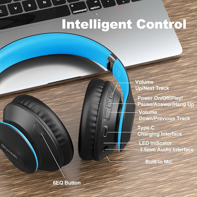 Wireless Bluetooth Headphones Over Ear 65H Playtime HiFi Stereo Headset with Microphone and 6EQ Modes Foldable Bluetooth V6.0 Headphones for Travel Smartphone Computer Laptop