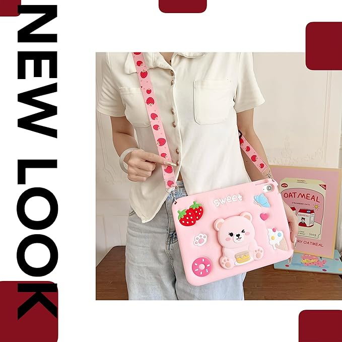 iPad 10th/11th Generation A16 Case Kids - 11 inch Soft Silicone Shockproof Cover with Pencil Holder,Adjustable Shoulder Strap & Stand for School,Cute Bear Strawberry Gift for Teen Girls