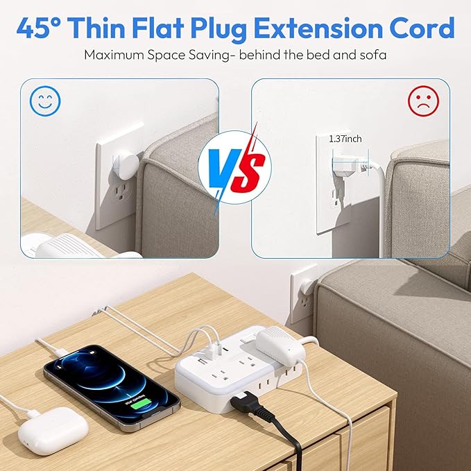 Surge Protector Power Strip with 6 Outlets 4 USB Port, 5 Ft Flat Plug Extension Cord Outlet Extender, White Extension Cord with Multiple Outlets for Indoor, Home, Office Supplies, Dorm Room Essentials