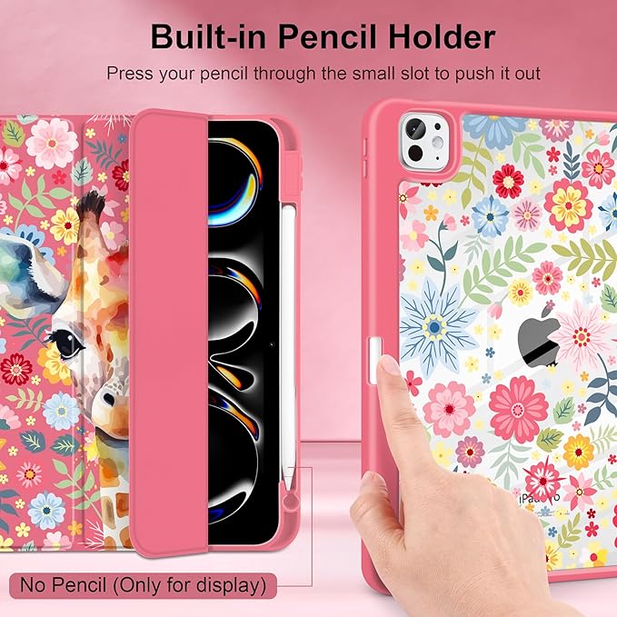 Case for iPad Pro 11 inch (M5) 2025 (M4) 2024 Release Slim Lightweight Cute Hot Pink Cover with Clear Back TPU Edge Pencil Holder Trifold Stand, Giraffe