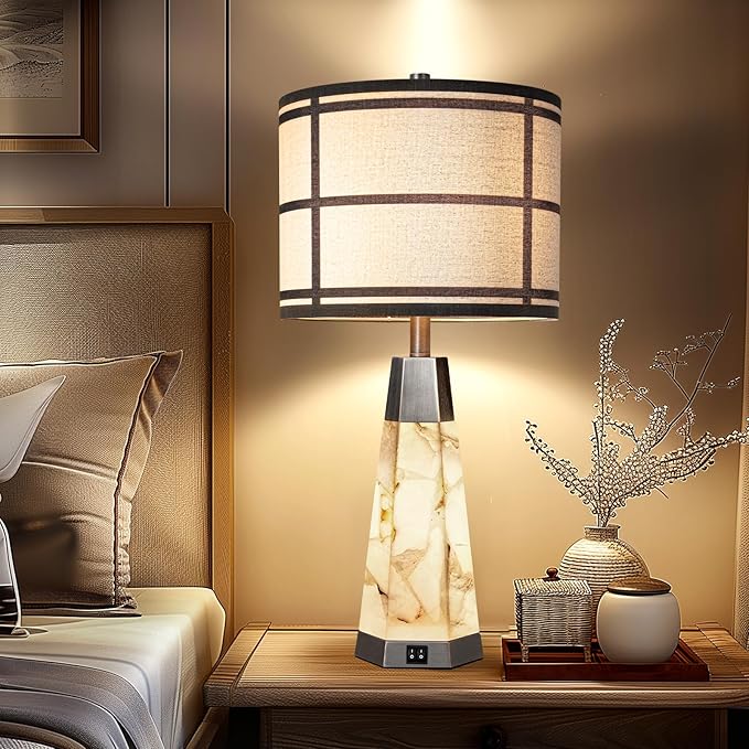 KIVDITZO 27" Alabaster Table Lamps for Living Room, Bedroom Lamps Set of 2 with Night Light, Living Room Lamps with USB A+C Ports, Table Lamp with Linen Shade for Bedside (Bulbs Included)