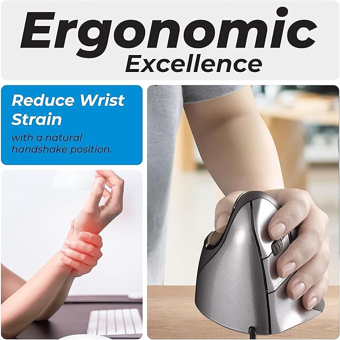 Evoluent – Inventor of The Vertical Mouse – VM4L Ergonomic Vertical Mouse Left Hand Wired USB, Sculpted for Comfort, Reduces Wrist Strain, 4 Speeds, 6 Customizable Buttons in Windows