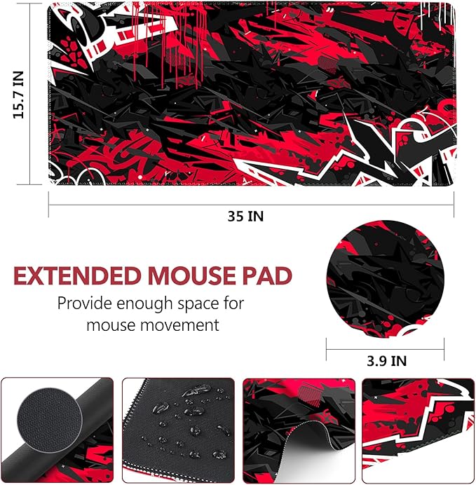 AIMSA Extended Gaming Mouse Pad Desk Mat, Large Mousepad with Stitched Edges (35x15.7 in), Keyboard Mouse Mat Stable Rubber Base Desk Pad for Work, Game, Red Black