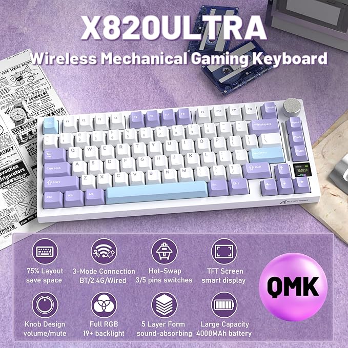 A.JAZZ Attack Shark X820Ultra 75% Wireless Mechanical Gaming Keyboard and Coiled Cable Hot Swappable 2.4GHz/Bluetooth/Wired Keyboard with Screen & Knob RGB Backlit Gasket Mount Shark Switch-Starwhite