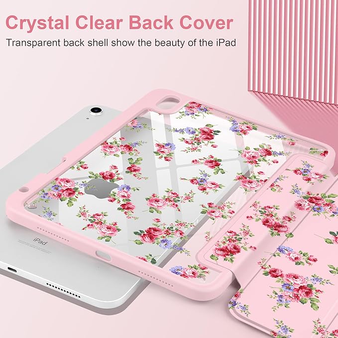 Case for iPad Air 13 inch 2026 M4 2025 M3 2024 M2 Release Slim Lightweight Shockproof Cute Light Pink Cover with Clear Back TPU Edge Pencil Holder Trifold Stand Auto Wake Sleep, Elegant Rose