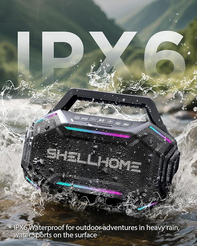 ShellHome Bluetooth Outdoor Speakers, 80W(Peak) Loud Wireless Speaker, 30H Playtime, RGB Lights, BassUp 2.0, IPX6 Waterproof, TWS, Bluetooth 6.0, Portable Boombox for Party, Pool, Beach (Pink)