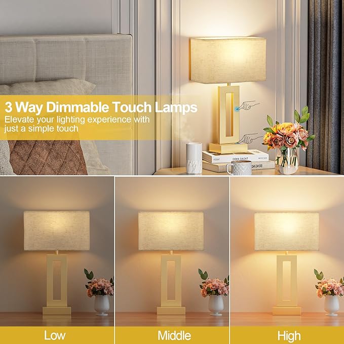 Seealle Bedroom Table Lamps Set of 2 - Beige Gold Touch Bedside Lamps with USB C+A, 3 Way Dimmable Gold Lamp for Nightstand, Modern Night Stands Lamps for Living Room