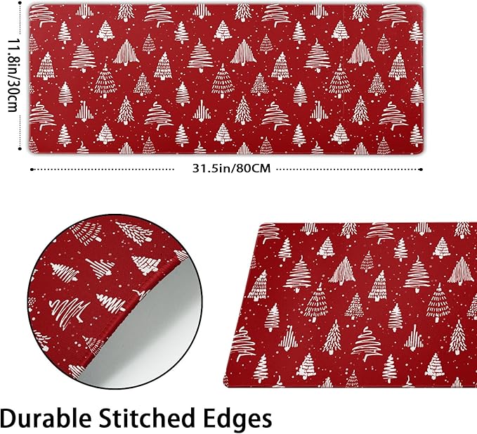 Red Christmas Mouse Pad Christmas Tree Xmas Holiday Winter Extended Desk Mat 80X30 cm Non-Slip Rubber Base Stitched Edge Large XL Mousepad for Desk Gaming Laptop Desktop,31.5×11.8 Inch