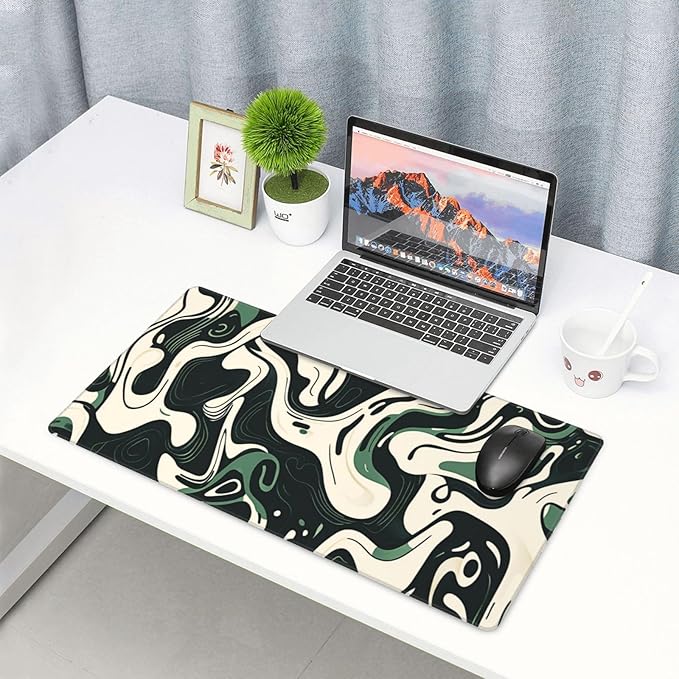 AQQA Abstract Topographic Map Green and White Pattern with Lines Gaming Mouse Pad Long XL Desk Mat for Desktop Mousepad with Non-Slip Base Stitched Edge Keyboard Mat for Office Home 31.5" x 15.7"