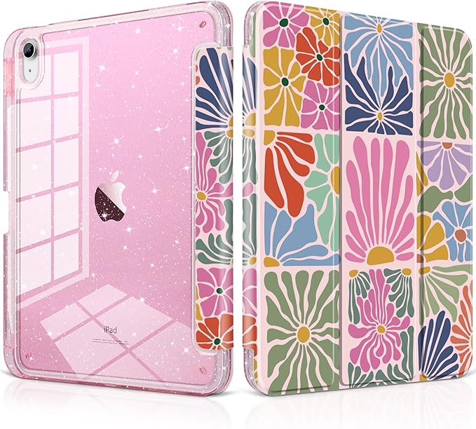 DONGKE for iPad Pro 11 inch Case – Fits M5 2025 / M4 2024, Shockproof Sparkling Glitter Acrylic Back, Pencil Holder, Trifold Stand, Auto Sleep/Wake & Touch ID Support - Colorful Florals