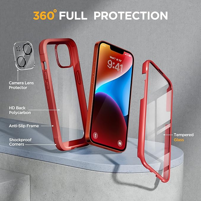 Miracase Glass Series Designed for iPhone 14 Case 6.1 inch, 2023 Upgrade Full-Body Clear Bumper Case with Built-in 9H Tempered Glass Screen Protector and Camera Lens Protector,Red
