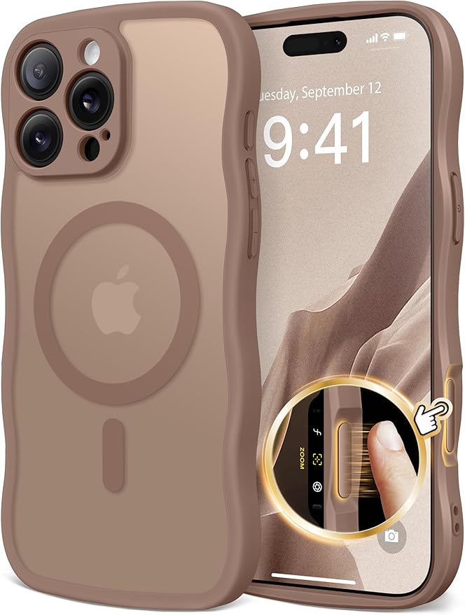 CAPRARO for iPhone 16 Pro Case for Women Girls, Upgraded [Full Camera Protection] [Compatible with MagSafe] Cute Wave Translucent Matte Phone Case for iPhone 16 Pro, Brown