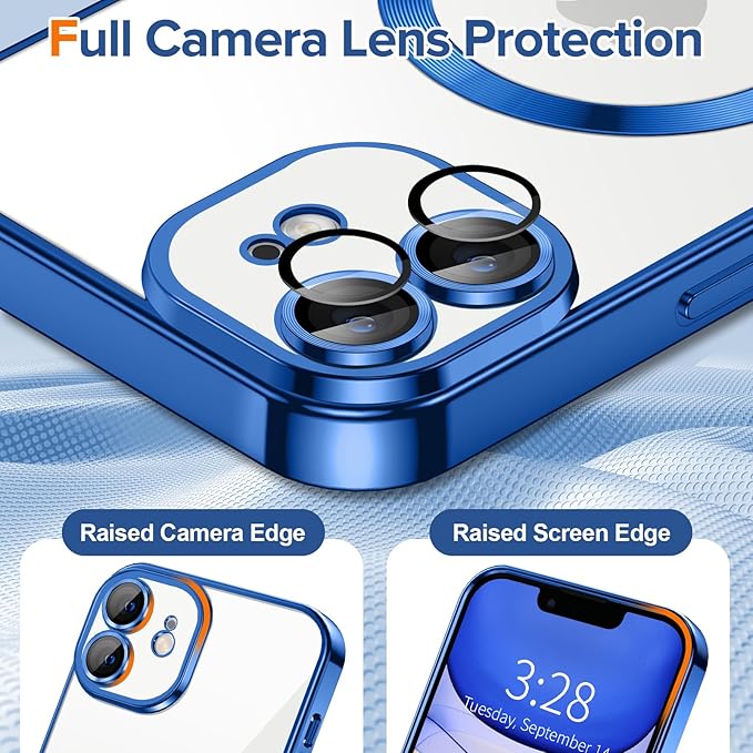 Hython Magnetic Clear for iPhone 11 Case with Camera Lens Protector [Compatible with MagSafe] Luxury Plating Edge Slim Soft TPU Cover Protective Phone Case for iPhone 11 6.1", Deep Blue