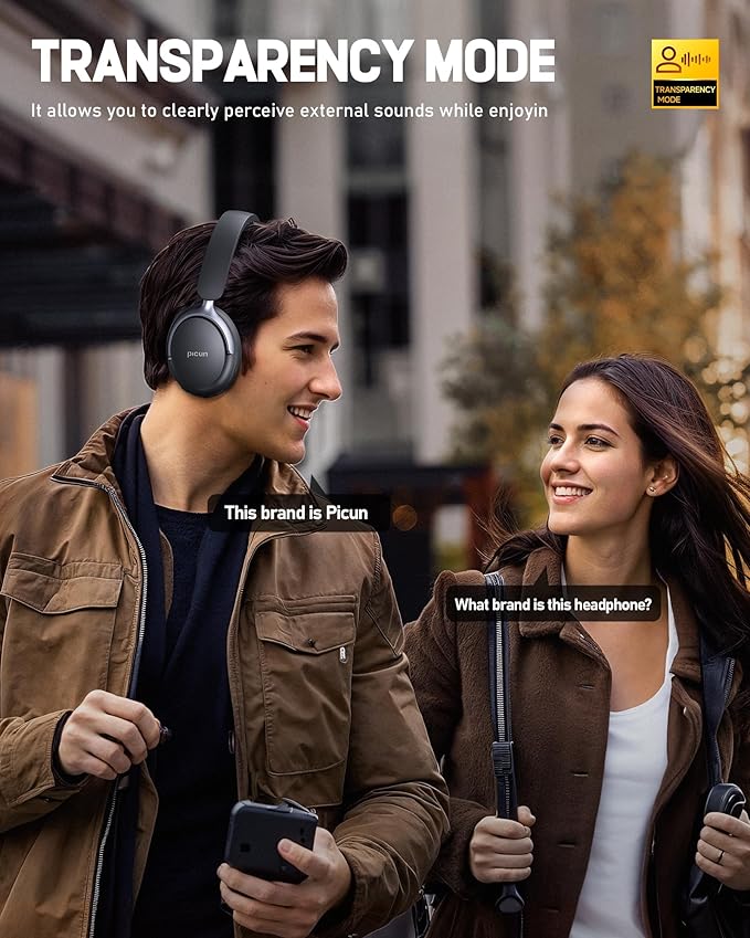 Picun NC60 Hybrid Active Noise Cancelling Headphones, Foldable Wireless Over Ear Bluetooth 5.4 Headphones, 80H Playtime, Transparency Mode, Stereo Bass, Custom EQ via App for Travel Home Black