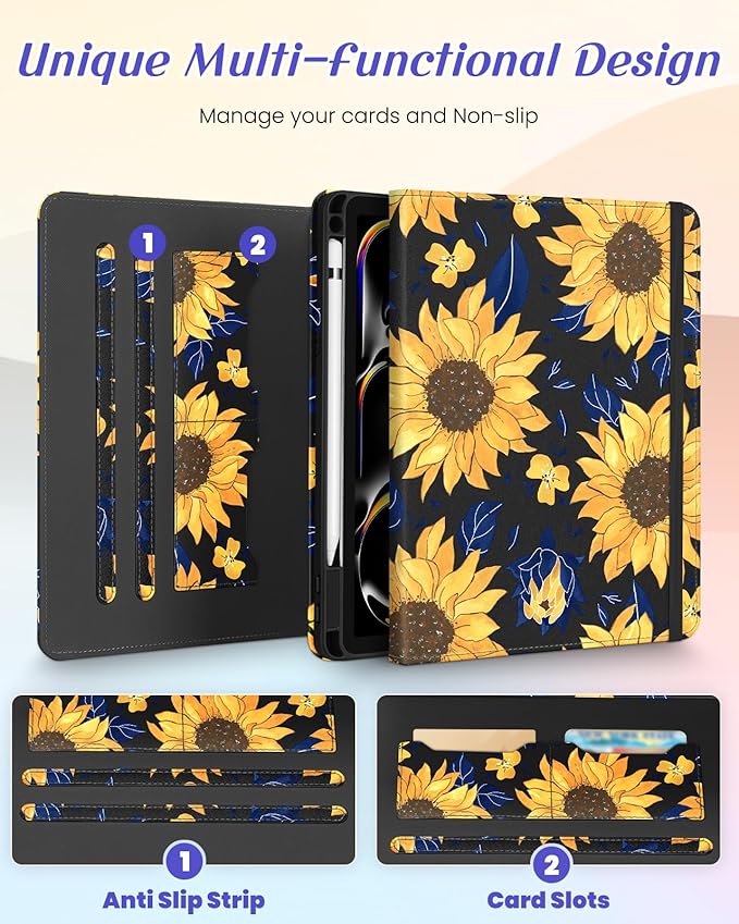 Kidcube for iPad Pro 11 Inch Case M4 2024 5th Generation - Women Girls Cute Rotating Stand Folio Cover with Pencil Holder & Card Slot Kawaii Sunflower Design for iPad Pro 11'' Case 2024 M4 5th Gen