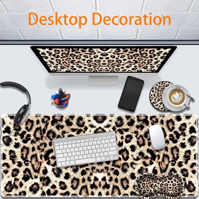 Durable Desk Mat + Wrist Rest Pad + Coasters Set, Large Gaming Office Mouse Pad 31.5 "x 11.8", Extended Non-Slip Rubber Keyboard Pad, Laptop & Home, Leopard Print Pattern