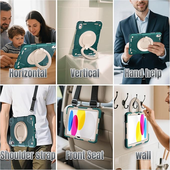 Andnary Case for iPad (A16) 11th /10th Generation 11/10.9 Inch 2025/2022 with Screen Protector/360° Rotate Stand/Shoulder Strap/Pencil Holder, Shockproof iPad 11th/10th Gen Cover (Green+White)