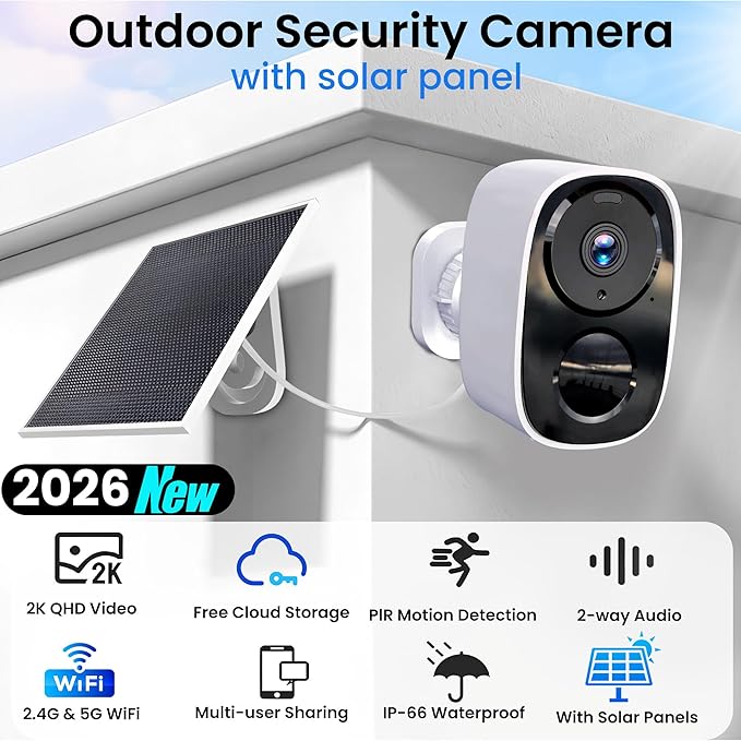 HITELLARCAM 2026 Upgraded 2K Security Cameras Wireless Outdoor with Solar Panels, Free Cloud Storage, AI Motion Detection Spotlight Siren Alarm Outdoor Camera Wireless, 2-Way Talk, IP66 Waterproof