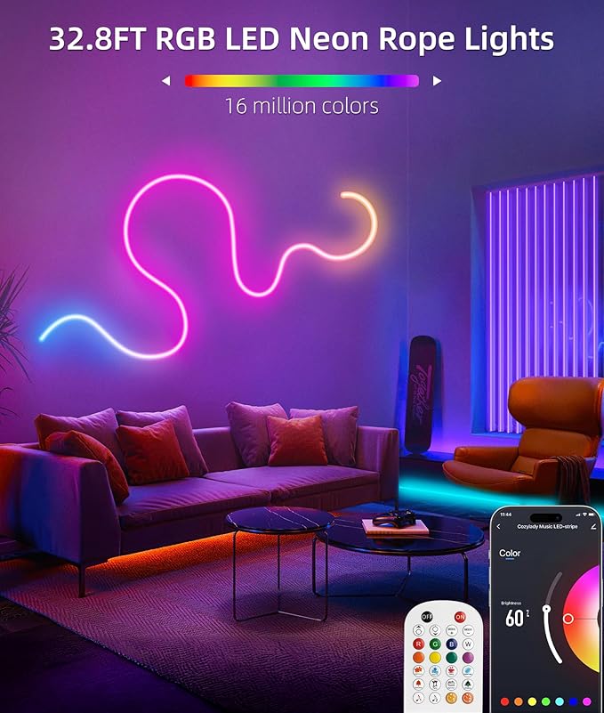 Lamomo LED Neon Rope Lights 32.8Ft, RGB LED Strip Lights Control with App/Remote, Music Sync Color Changing Waterproof Flexible Led Light Strip, Cuttable Gaming 24V Neon Lights for Bedroom Indoor