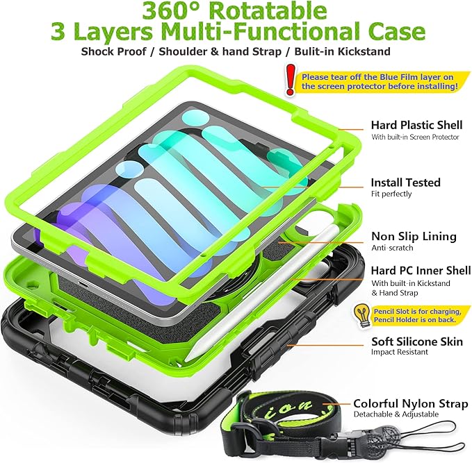 SEYMAC stock Case for iPad mini 7 (A17 Pro) 2024/ Mini 6 8.3'' with Screen Protector Pencil Holder [360 Rotating Hand Strap] &Stand, Drop-Proof Case for iPad mini 7th/6th Generation 8.3", Green+Black