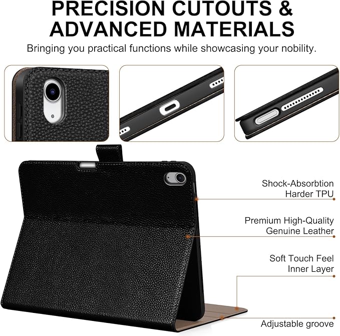 Genuine Leather Case for iPad Air 13 inch M4 2026/M3 2025/M2 2024, with Pencil Holder and Adjustable Stand, Magnetic Closure, Auto Wake/Sleep Cover | Black