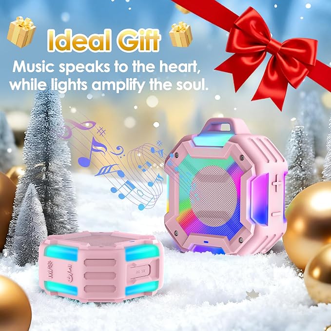Bluetooth Shower Speaker, Speakers Bluetooth Wireless, IPX7 Waterproof Outdoor Speaker, Portable Speaker with LED Light, Clear Surround Sound for Home/Camping/Yoga/Kayaking(Pink)