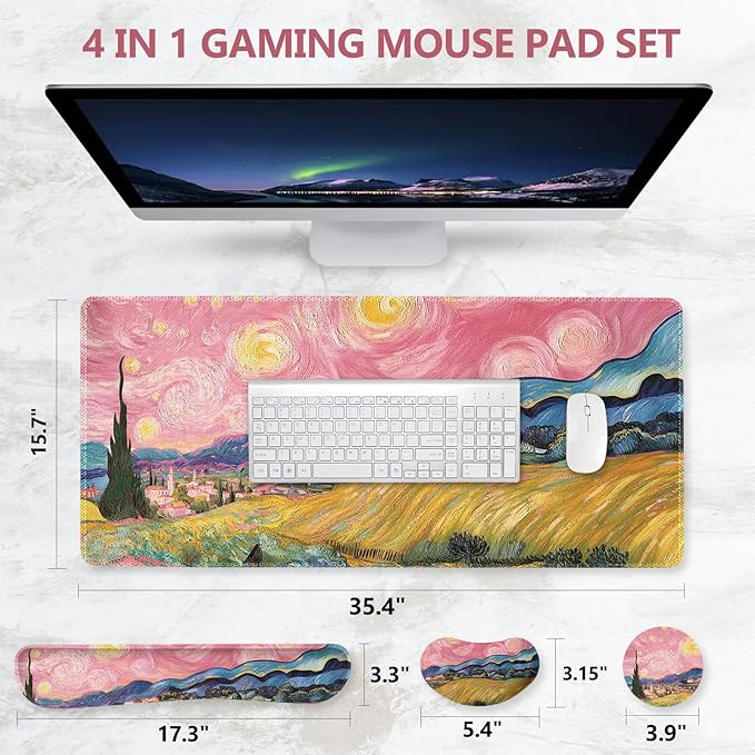 DINKY Desk Pad and Keyboard Wrist Rest, Large Mouse Pad +Keyboard Pad +Mouse Wrist Support +Coaster, 35.4 x 15.7 Inches Non-Slip Desk Mat for Office, Home, Pink Starry Sky Field