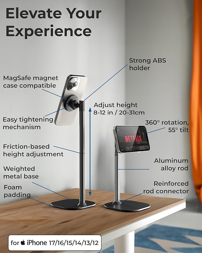COOPER MagStand - iPhone Stand for Desk & Video Recording, Compatible with MagSafe, Stand for iPhone 17 Pro Max Plus, 16/15/14/13/12 (x2 Pack - Night Black)