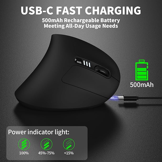 Uineer Ergonomic Mouse, Wireless Bluetooth Rechargeable Vertical Mouse, 7 Color LED, 4 DPI Adjustable, USB-A, Wrist Strain Relief,Optical Mice for Computer/PC/Laptop, Black (Black)