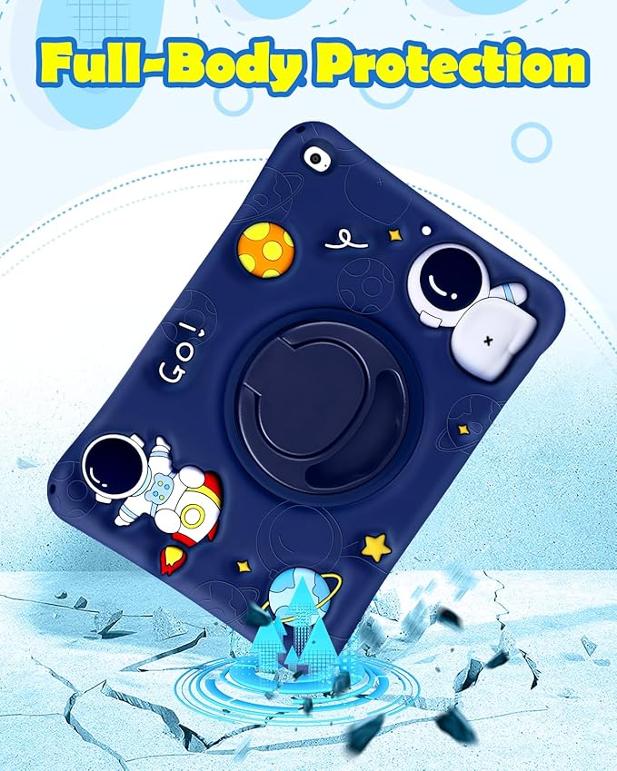 Wazzasoft for iPad mini 4/5 Case 7.9 Inch Girls Boys Cute Astronaut Cover Kawaii 3D Cartoon Spacemen with Rotating Handle Stand + Strap Soft Silicone Funda for Apple iPad mini 5th/4th Gen Cases