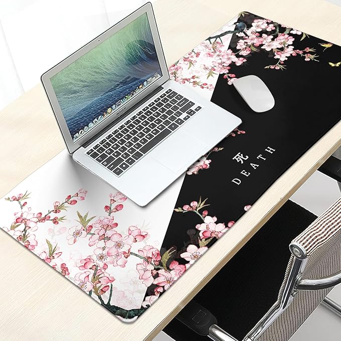 Black and White Cherry Blossom Gaming Mouse Pad XL，Extended Large Mouse Mat Desk Pad,Japanese Pink Sakura Death Life Long Non Slip Rubber Base Mice Pad 31.5 X 11.8 Inch