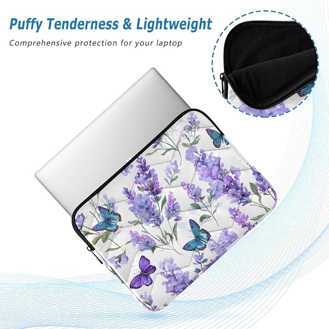 Lavender Laptop Case Sleeve, Butterfly Lavender Pattern Purple Shockproof Protective Computer Carrying Cover, Briefcase Handbags 13-13.3inch Laptop Sleeve Bag