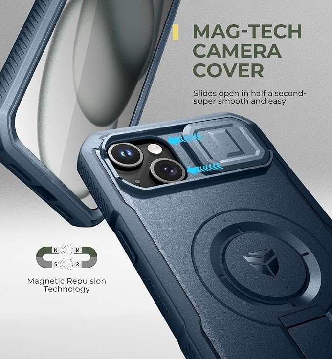 Dexnor for iPhone 15 Plus/14 Plus Case with Slide Camera Cover & Adjustable Kickstand&Built-in Screen Protector,Magsafe Rugged Shockproof Bumper Cases Heavy-Duty Magnetic Protective Cover,Navy Blue