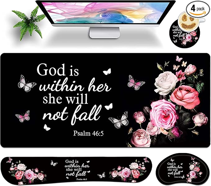 Large Gaming Mouse Pad Set 35.4 x 15.7 with Keyboard Wrist Rest, Wrist Support, and Coaster Memory Foam Smooth Desk Pad Mousepad for Home Office School - Floral Bible