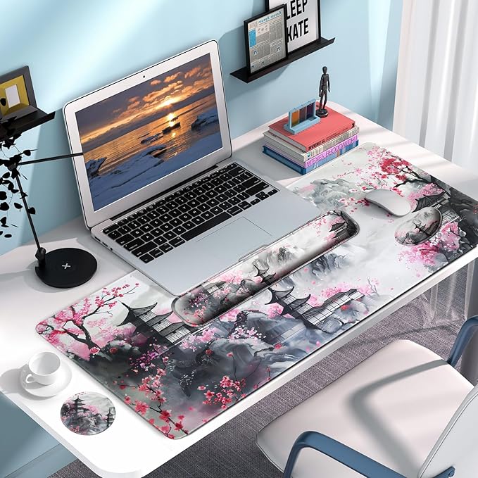 Keyboard Wrist Rest + Mouse Pad with Wrist Support + Desk Mat + Coaster 4 in 1 Set,Desk Matt for Desktop,Cute Large Gaming Ergonomic Mousepad for Computer Laptop Office Home Decor-Japanese Anime