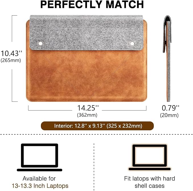 MoKo 13-13.3 Inch Laptop Sleeve Fits New 13-inch Mac Neo/Pro 13" M2/M1, MacPro 14", Mac Air 13.3", iPad Pro 13, Surface Pro 9/8 13", Felt & PU Leather Case Bag with Pocket, Gray&Brown
