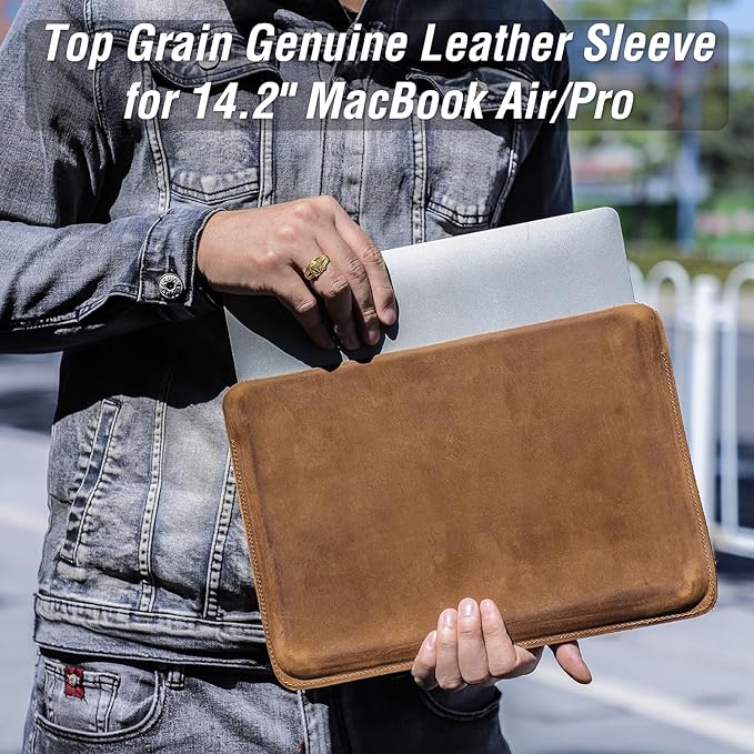 Top Grain Leather 14.2" Slim Laptop Sleeve Protector, Minimalist Vintage Design, Handmade, Compatible with MacBook Pro 14 inch 2021 2022 M1 Pro/M1 Max A2442 & Other PC, Brown 14.2 Inch