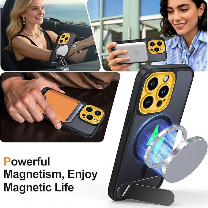 Magnetic Compatible with iPhone 13 Pro Case, [Built-in Kickstand][Full Camera Protection][Compatible with MagSafe][Anti-Fingerprint] Shockproof Phone Case for iPhone 13 Pro 6.1",Black & Yellow