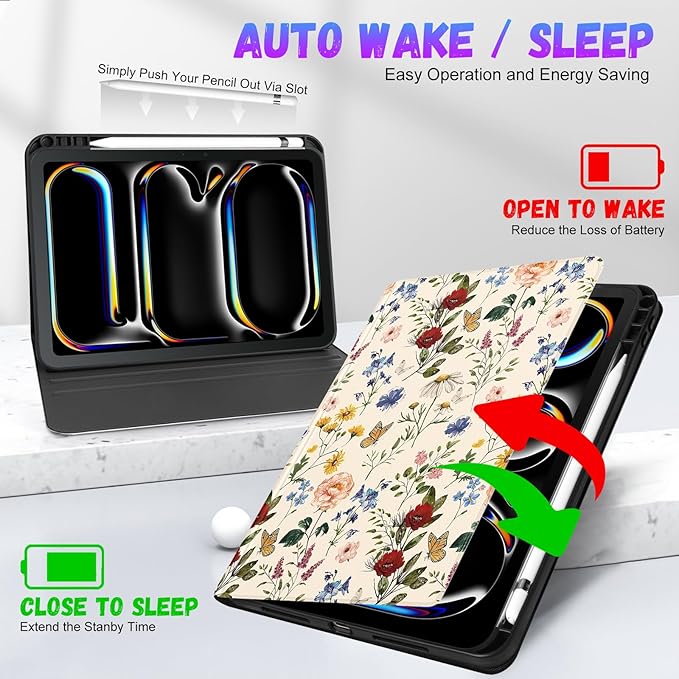 Uppuppy for iPad Pro 11 Inch Case 2024 - Women Cute Girls Folio Smart Cover with Pencil Holder Girly Flower Floral Pretty Aesthetic for iPad Pro 11 M4 Cases A2836 A2837 A3006