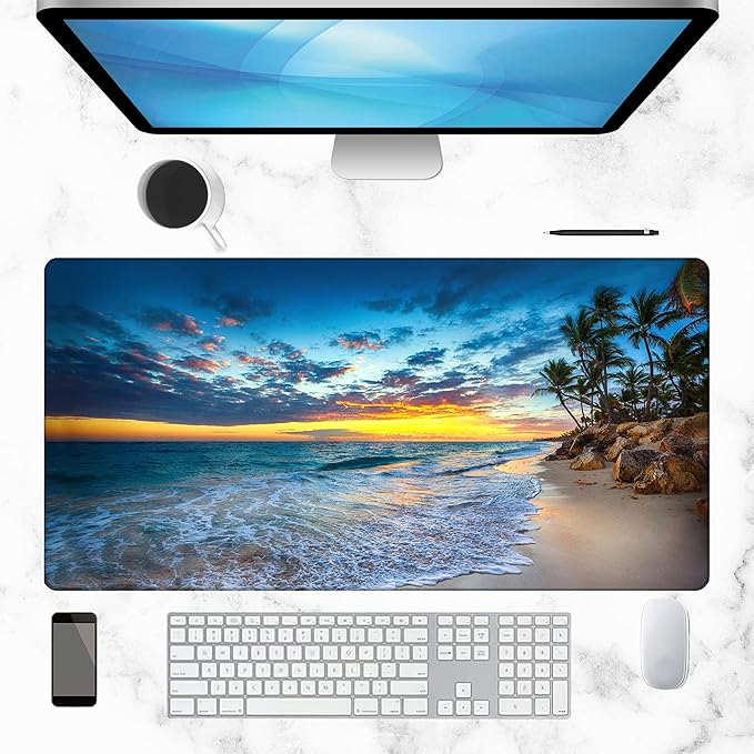 Hawaii Summer Beach Gaming Desk Mat Large,Palm Tree Sunset Extended Mousepad,Non-Slip Rubber Mouse Pad Stitched Edges,Desktop Decorative Accessories for Home Office 31.5" x 15.7"