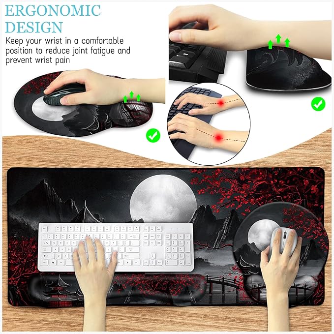 LIMKRIAN Japanese Mouse Pad Large Desk Mat Set, XXL Anime Full Moon Ergonomic Mousepad with Wrist Rest, Wrist Support Gaming Keyboard Mat Cup Coaster Set, Japanese Style Office Desk Accessories