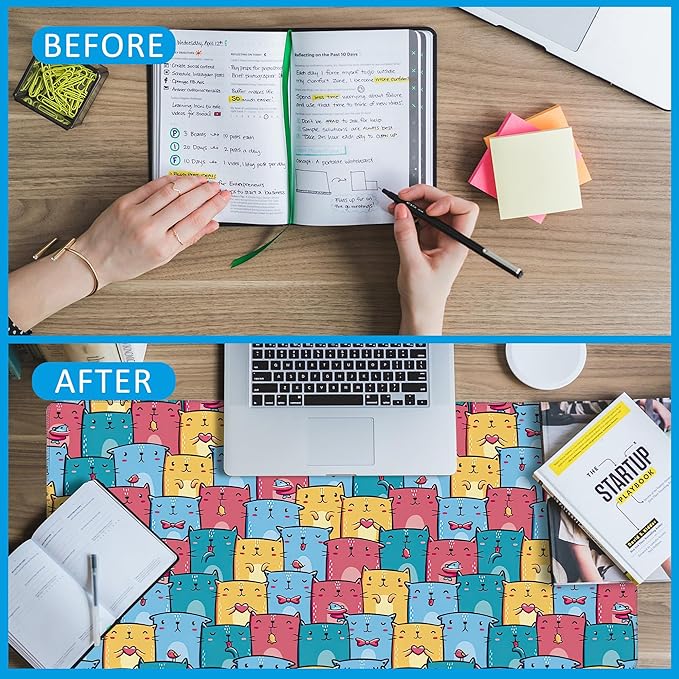 Kawaii Colorful Cats Desk Mat,Large Gaming Mouse Pad,Non-Slip Rubber Base Desk Pad with Stitched Edges for Desk Office Home Decor 35.4X15.7 Inch
