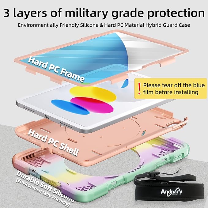 Andnary Case for iPad (A16) 11th Generation 11 inch 2025/10th Generation 10.9 inch 2022, Shockproof Cover with Screen Protector/360° Rotate Handle/Bracket/Pen Holder/Shoulder Strap (Colorful Pink)