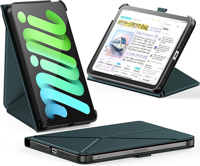 INFILAND Case for iPad Mini 7 (A17 Pro) 2024 / iPad Mini 6 2021, Magnetic Origami Slim Protective Case, Book-Style Foldable Cover with Pencil Holder, Multi-Angle Stand, Auto Wake/Sleep, Midnight Green