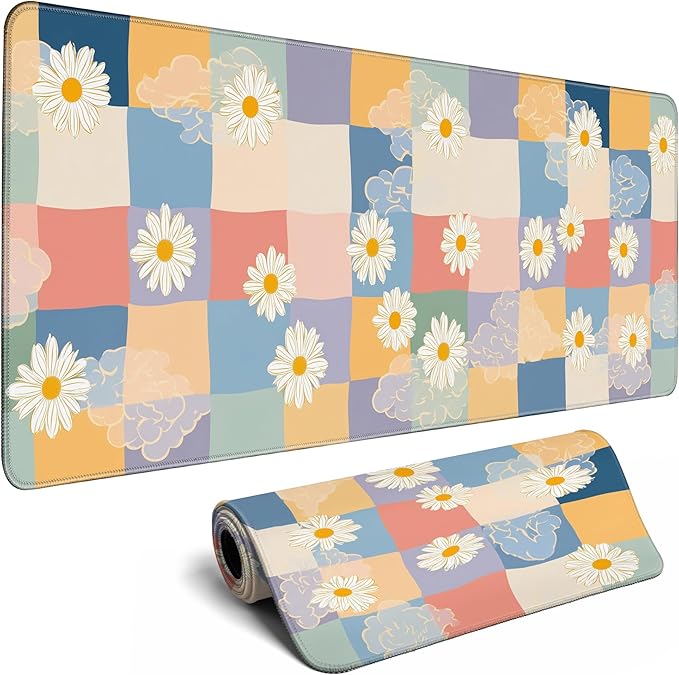 Wildflower Desk Pad Hand Drawn Gaming Floral Mouse Pad Large Mouse Pad for Desk Computer Pc Laptop Office Decor for Women, Anime Mouse Keyboard Pad Stitched Edges (31.5x11.8 in)