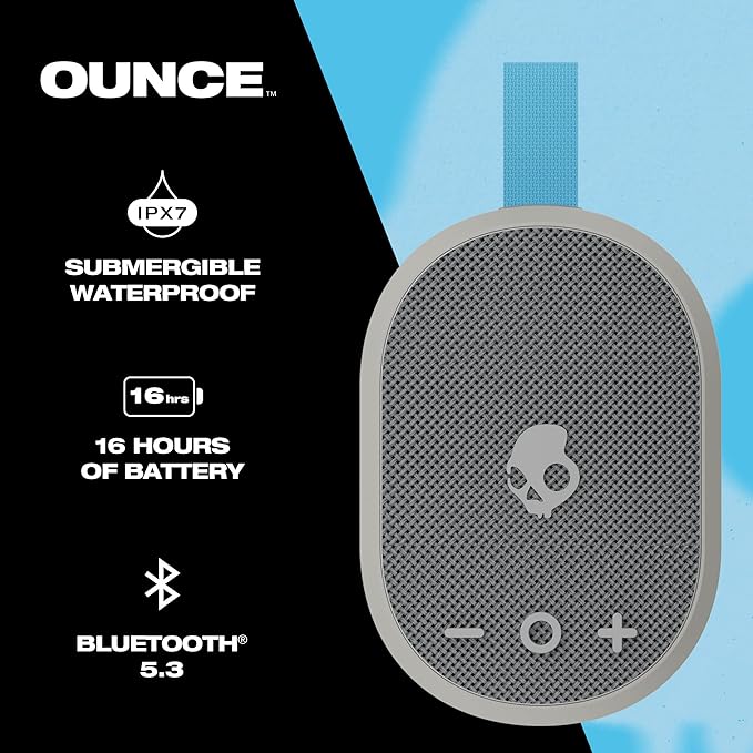 Skullcandy Ounce Wireless Bluetooth Speaker - IPX7 Waterproof Mini Portable Speaker with 16 Hour Battery, Downward Firing Passive Radiator, and Ballistic Nylon Carry Strap