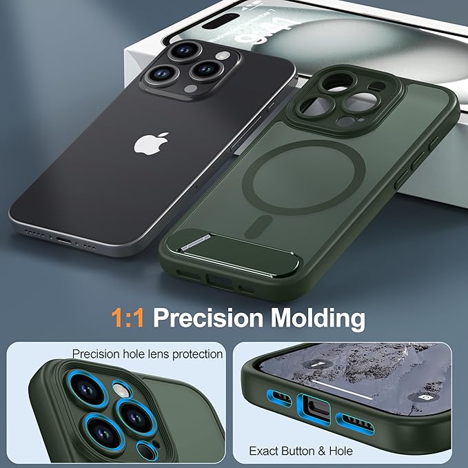 Magnetic Compatible with iPhone 15 Pro Case, [Built-in Kickstand][Full Camera Protection][Compatible with MagSafe][Anti-Fingerprint] Shockproof Phone Case for iPhone 15 Pro 6.1",Green