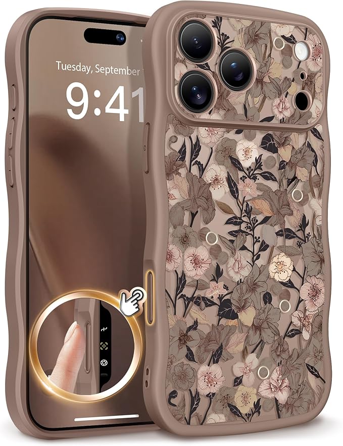 GVIEWIN for iPhone 17 Pro Case Compatible with MagSafe [Curly Wave Edge][Full Camera Protection] Floral Translucent Shockproof Magnetic Women Phone Case for iPhone 17 Pro 6.3'', Apricot Blossom/Brown